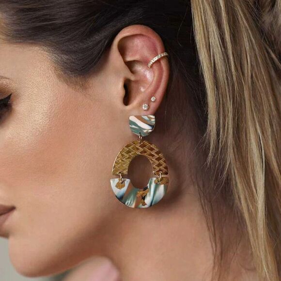 Mermaid Scales Green Marbled Gold Mixed-Media Drop Earrings - Picture 2 of 6